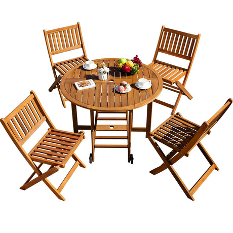 Greesum 5 Piece Patio Dining Set Outdoor Acacia Wood Furniture All-Weather Folding Round Table and Chairs for Backyard, Balcony, Porch, Deck, Garden, Light Brown Greesum