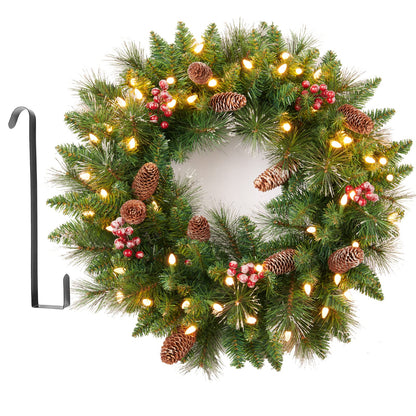 Amaoasis 24 Inch Artificial Pre-Lit Christmas Wreath, Mixed Pine Decorated Frosted Berries, Pinecones, 50 LED Lights with Timer, Battery Operated, Holiday Decoration for Front Door, Outdoor