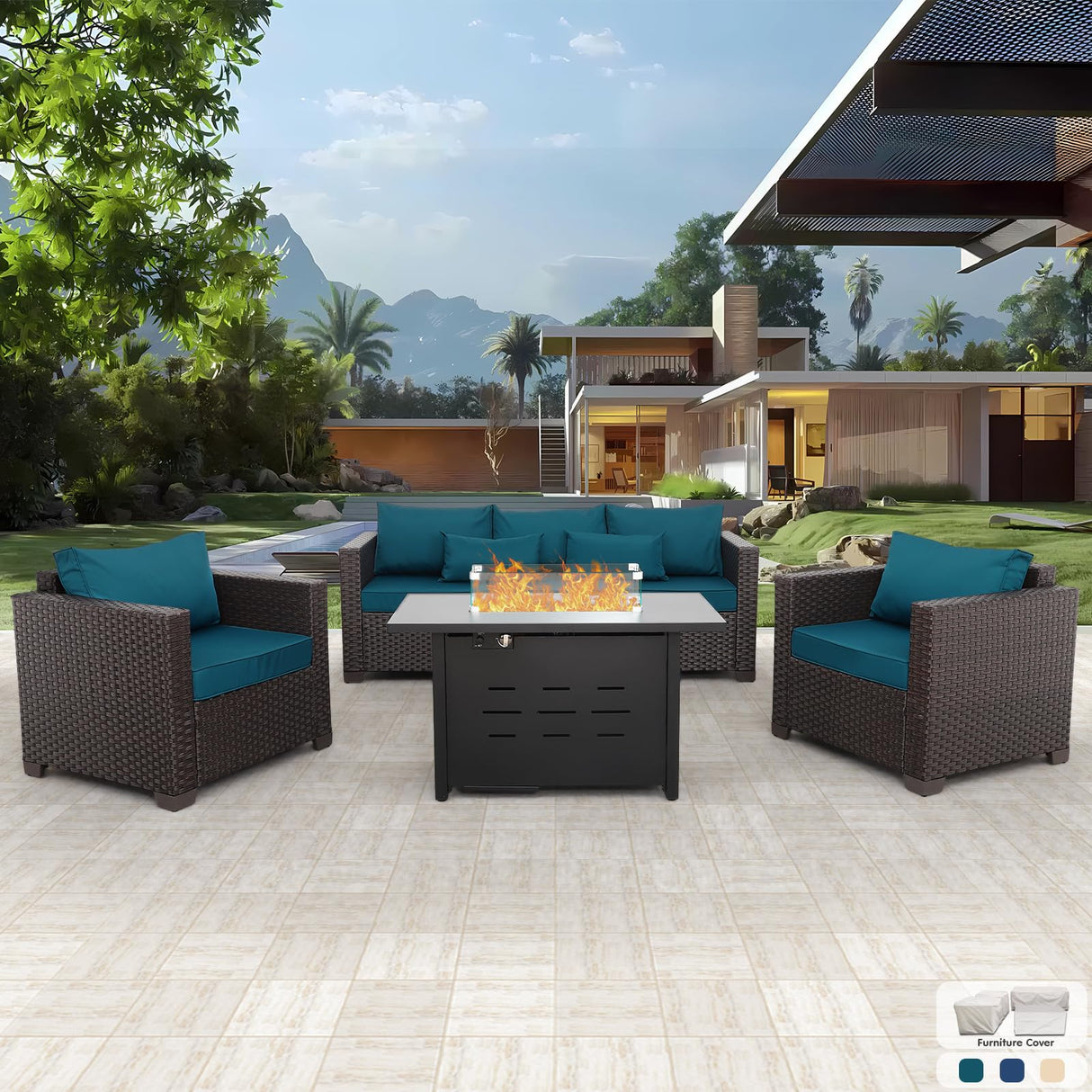 4 Piece Patio Furniture Set 45In Fire Pit Table Outdoor Furniture Sets Patio Couch Outdoor Chairs 50000 BTU Propane Fire Pit with No-Slip Cushions and Waterproof Covers, Peacock Blue Rattan Star