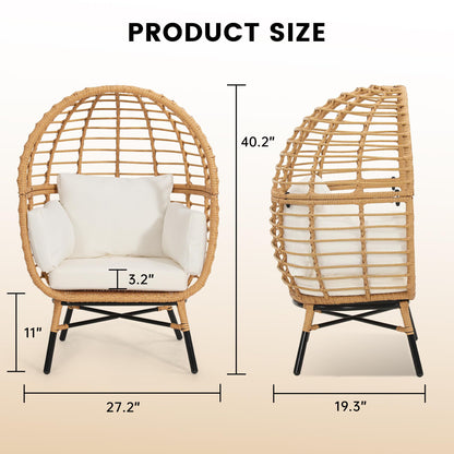 Murago Rattan Egg Chair for Children, Indoor Large Wicker Egg Chair, Outdoor Patio Rattan Egg Chair with Overstuffed Cushions, Natural Rattan with Beige Cushion