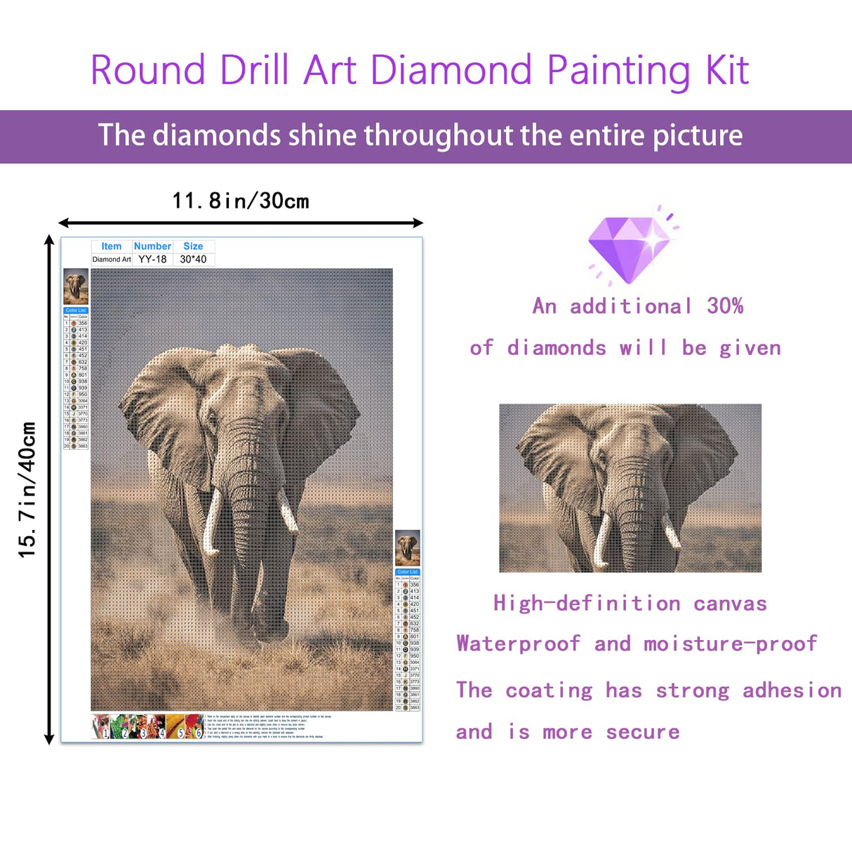 Elephant 5D Diamond Painting Kit for Adults - Wilderness Elephant Full-Drill DIY Round-Drill Art Diamond Painting Set, Suitable for Beginners and Home Wall Decoration 12×16 inch PUSHPIN PAINTING