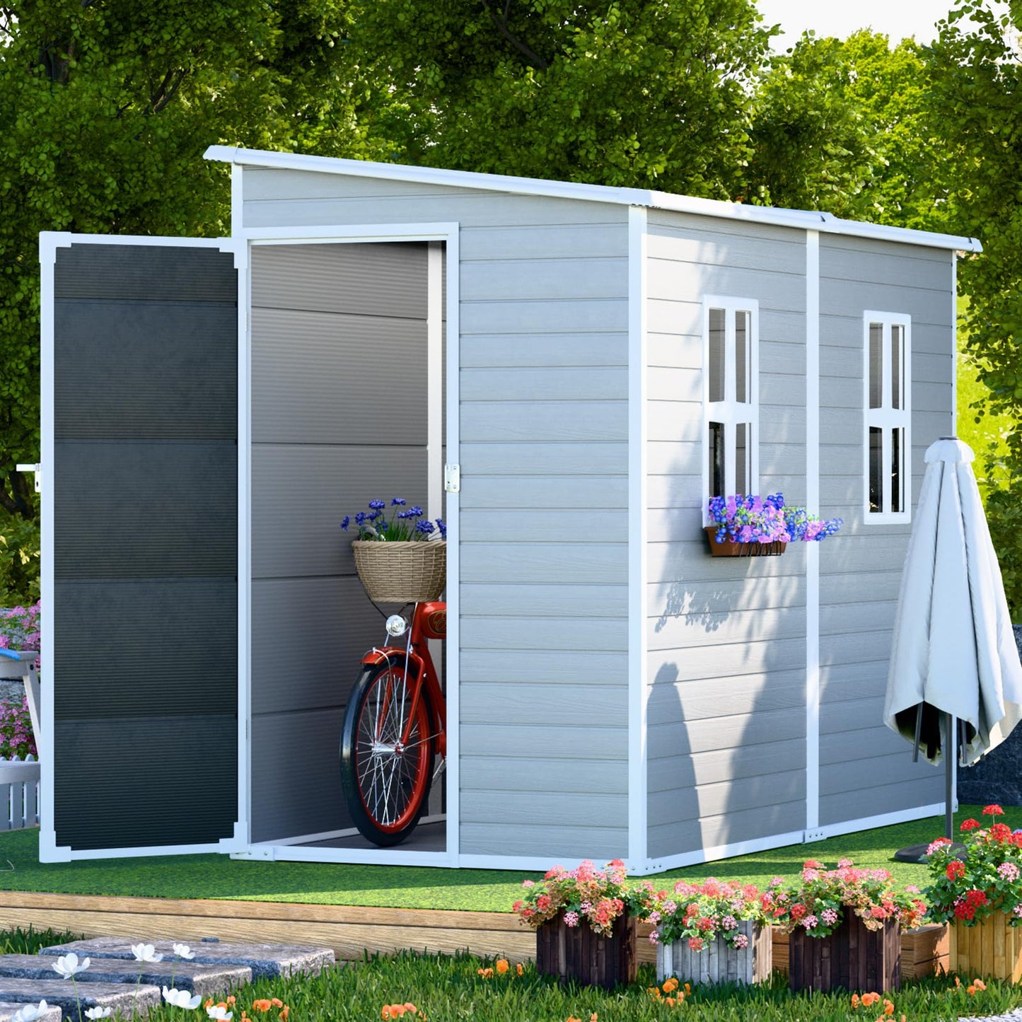 WACASA Outdoor Storage Sheds with Floor, 8X4FT Waterproof Resin Sheds with Lockable Door, Window & Vents, Plastic Storage Shed for Patio, Garden, Yard, Tools