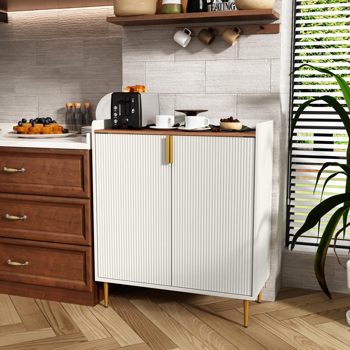 ARTPOWER Wine Bar Cabinet with Fluted Texture, Modern Coffee Cabinet with Wine Rack&Glass Holder, White Kitchen Buffet Sideboard, Freestanding Liquor Cabinet for Dining Room Living Room ARTPOWER