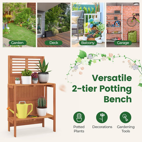 Giantex Folding Potting Bench, 2-Tier Gardening Workstation w/Storage Shelves, Wood Outdoor Potting Table for Garden, Yard, Balcony, Easy Assembly, Natural Giantex