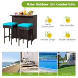 RELAX4FLIE 3-Piece Outdoor Bar Set, Patio Wicker Bar Table and Chairs Set w/Cushioned Stools 2 Open Shelves & Glass Table Top, Rattan Bar Table Set for Poolside, Garden and Backyard (Turquoise) RELAX4LIFE