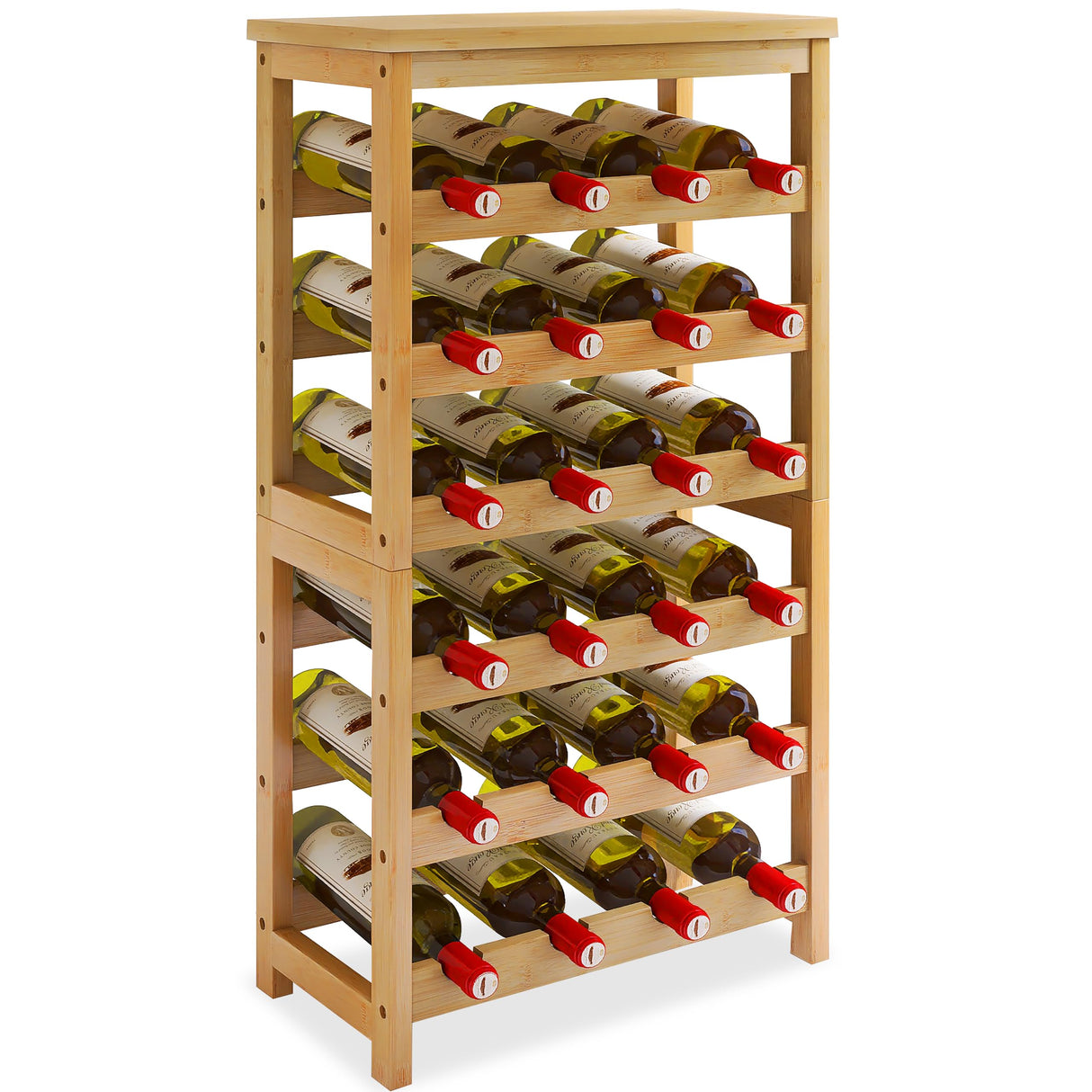 STELLSTAR 24 Bottles Floor Wine Rack with Tabletop, 6 Tier Bamboo Wine Display Storage Shelves, Wave Bars Freestanding Wine Bottle Organizer Shelf for Kitchen Pantry Cellar, Natural STELLSTAR