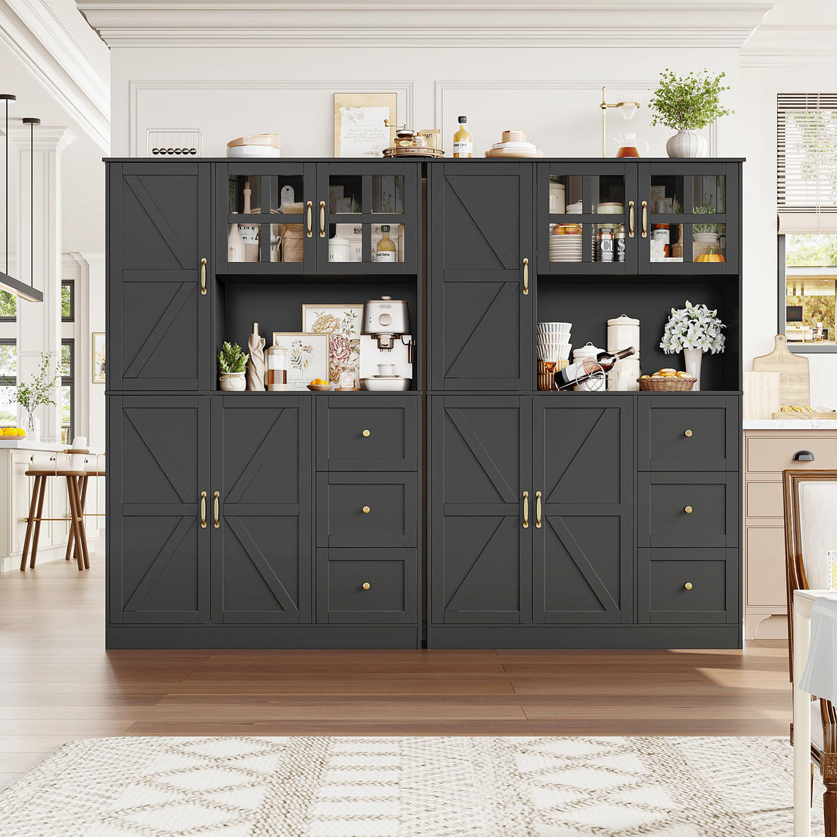 FINETONES Farmhouse Pantry Cabinet, Kitchen Pantry Storage Cabinet with Microwave Stand, Ktichen Hutch Food Pantry Cabinet with Open Countertop and Adjustable Shelf for Kitchen Dining Room, Black FINETONES