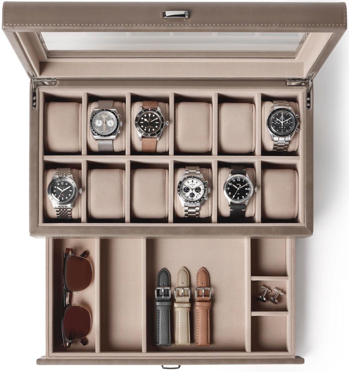 TAWBURY 12 Slot Watch Box with Storage Drawer – Premium Watch Storage Case for Men & Women | Handcrafted from PU Leather & Engineered Wood | Wrist Watch Display Case (Taupe) TAWBURY