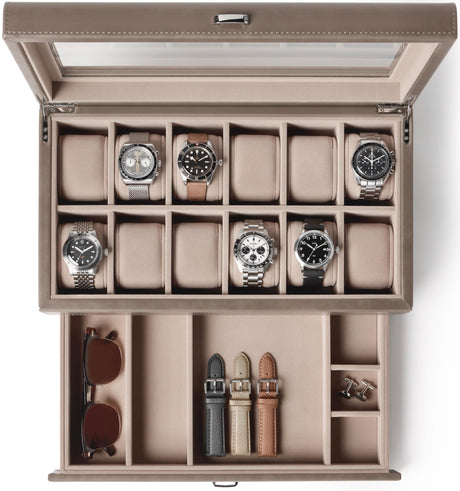 TAWBURY 12 Slot Watch Box with Storage Drawer – Premium Watch Storage Case for Men & Women | Handcrafted from PU Leather & Engineered Wood | Wrist Watch Display Case (Taupe) TAWBURY