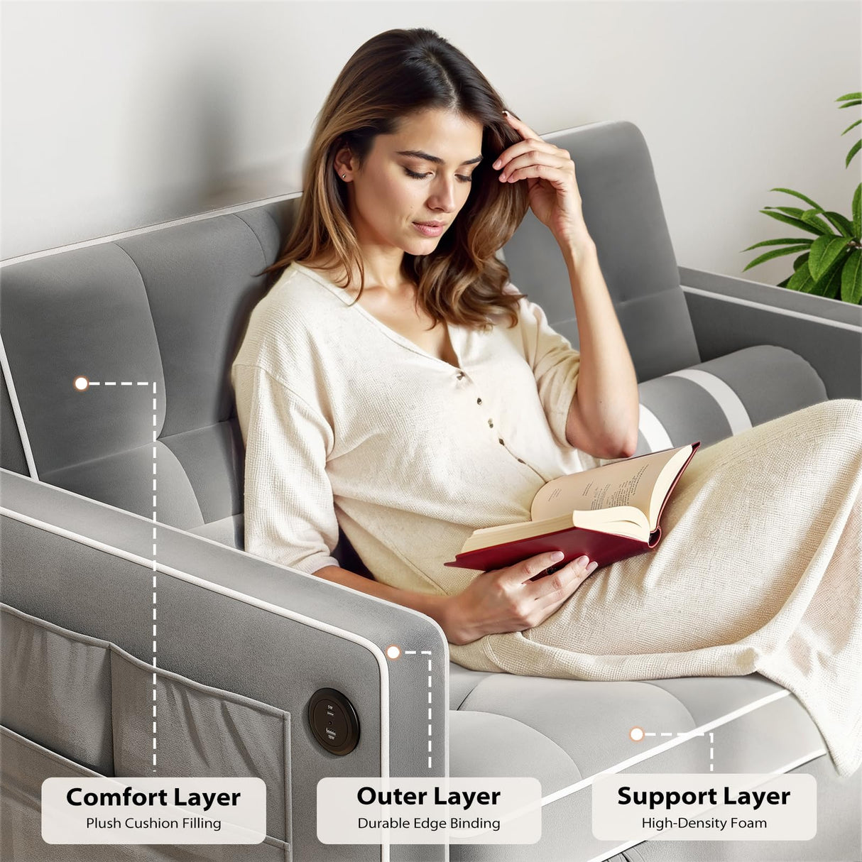 Pipishell 3 in 1 Convertible Sleeper Sofa Bed,Pull Out Couch for Living Room with USB Ports & Side Pockets,Adjustable Backrest,Velvet,Loveseat Sofa Bed,Futon Couches Pipishell