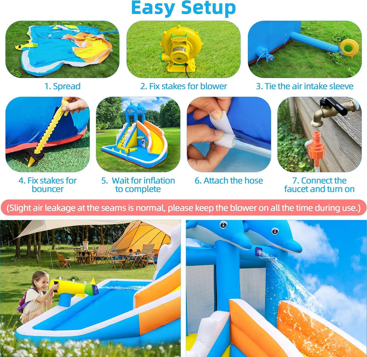 TOAOB Inflatable Water Slide,5 in 1 Dolphin Inflatable Bounce House for Kids- Climbing Wall Splash Pool Water Cannon Basketball Rim - 480W Blower - for Indoor Outdoor Backyard Birthday Party TOAOB
