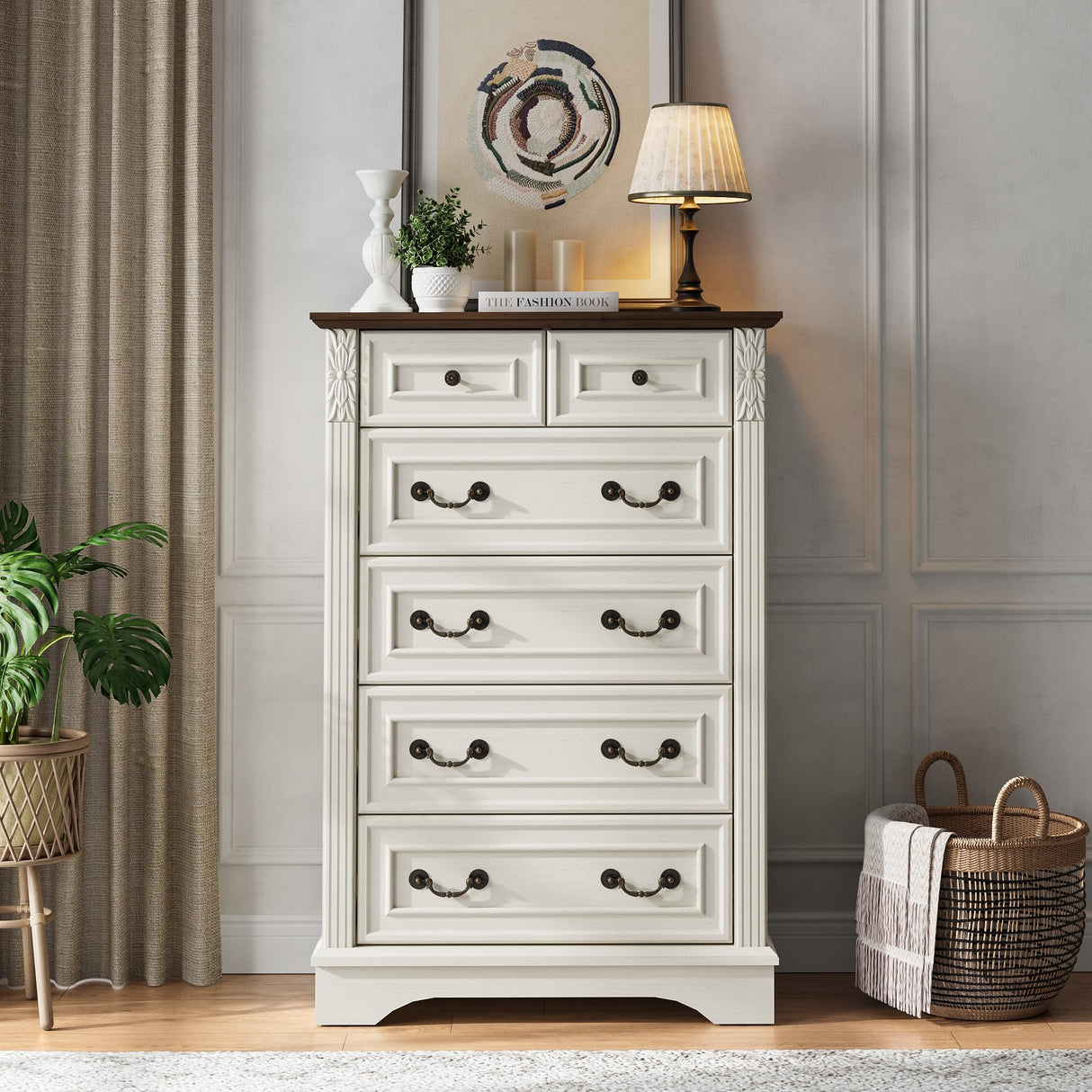 BLANKSPACE Farmhouse Dresser with 6 Drawers, Antique White Dresser for Bedroom, Hallway, Living Room, or Office Storage BLANKSPACE