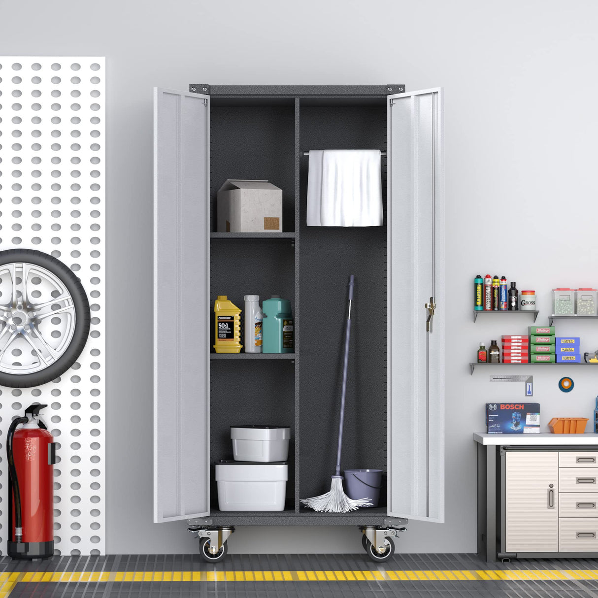 JAORD Metal Garage Storage Cabinet with Hanging Rod, Broom Closet Storage Cabinet, 71" Tall Rolling Tool Storage Cabinet with Locking Doors and Shelves JAORD