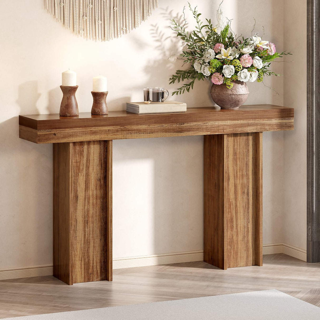 55Inch Farmhouse Console Table,Wooden Rectangular Sofa Table Behind The Couch,Entryway Console Table with Storage for Living Room, Hallway,Entrance (Light Brown) Tarnorci