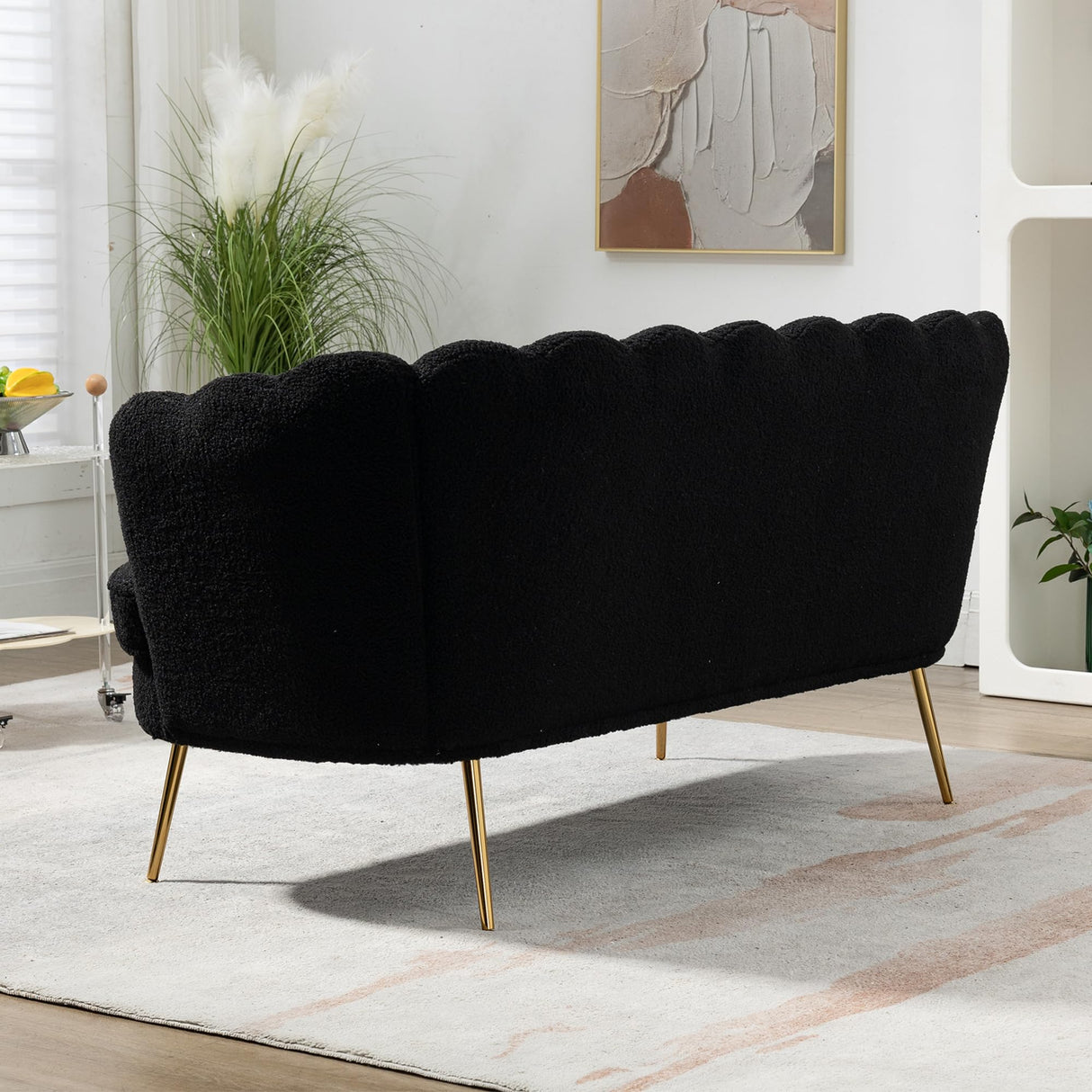 DWOYFO 59” Small Modern Teddy Loveseat Sofa, 2-Seater Sofa with Gold Metal Legs, Small Couch with Flower Shaped Back for Living Room Bedroom Office (Teddy, Black) DWOYFO