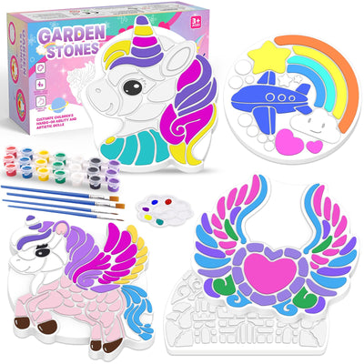 Paint Your Own Stepping Stones Painting Kit for Kids, Unicorn Craft Kits Boys & Girls Ages 3-12, Castle Heart Airplane Rainbow DIY Outdoor Garden Art & Craft Ceramic Painting Set 5-Pack
