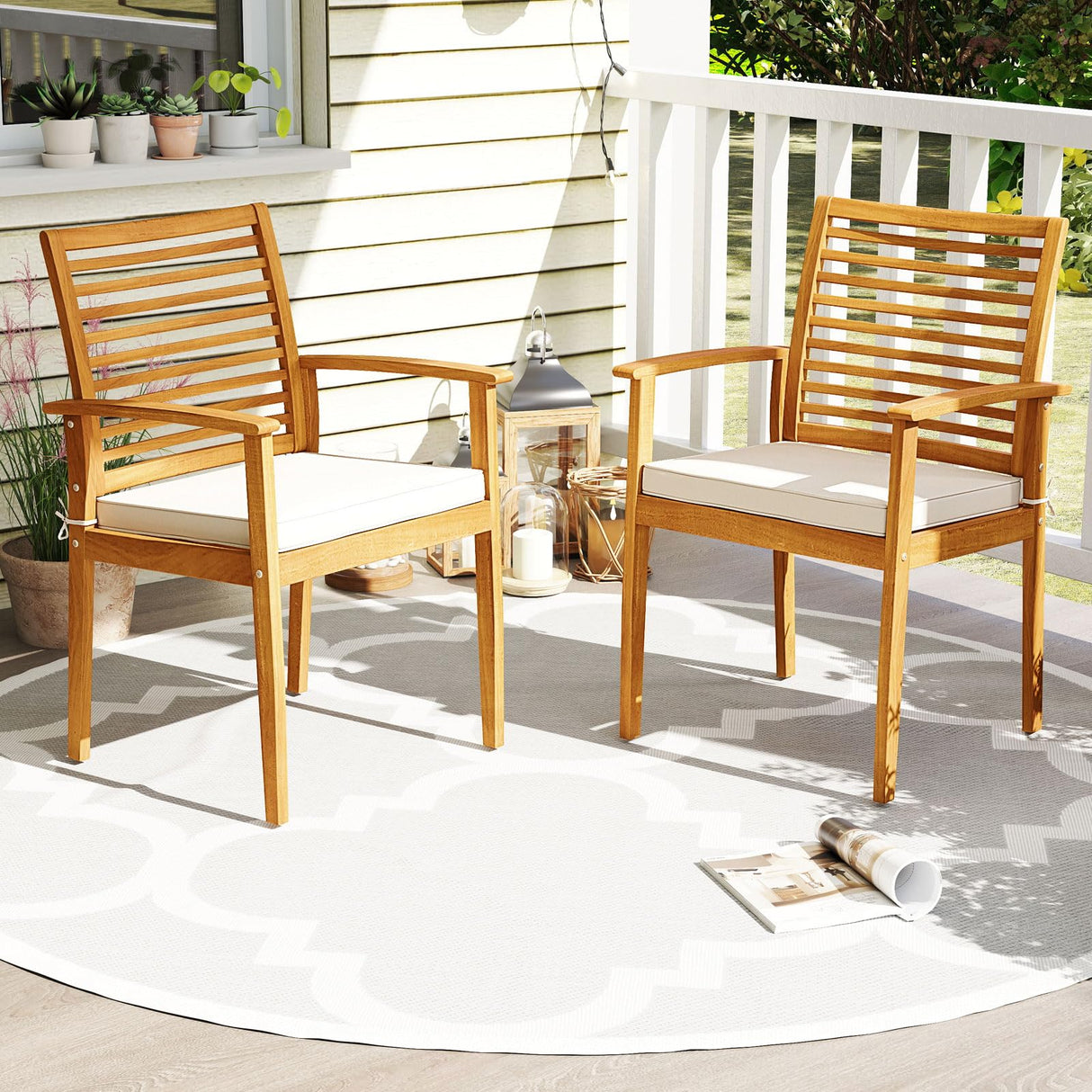 Tangkula Patio Wood Dining Chairs Set of 4, Outdoor Acacia Armchairs w/Removable Padded Cushion, Slatted Backrest, 400 LBS Weight Capacity, for Garden, Poolside, Yard (2) Tangkula