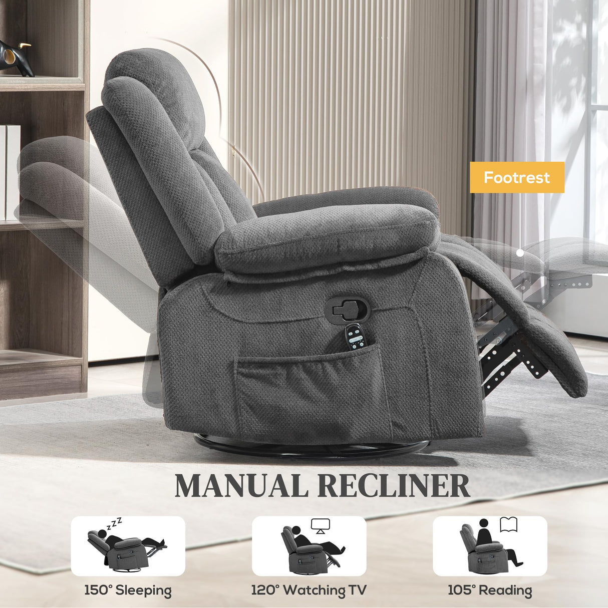 HOMCOM Recliner Chair with Vibration Massage and Heat, Oversized Swivel Rocker Single Sofa with Footrest, Remote and Side Pockets, Velvet Fabric Manual Reclining Chair for Living Room, Gray HOMCOM