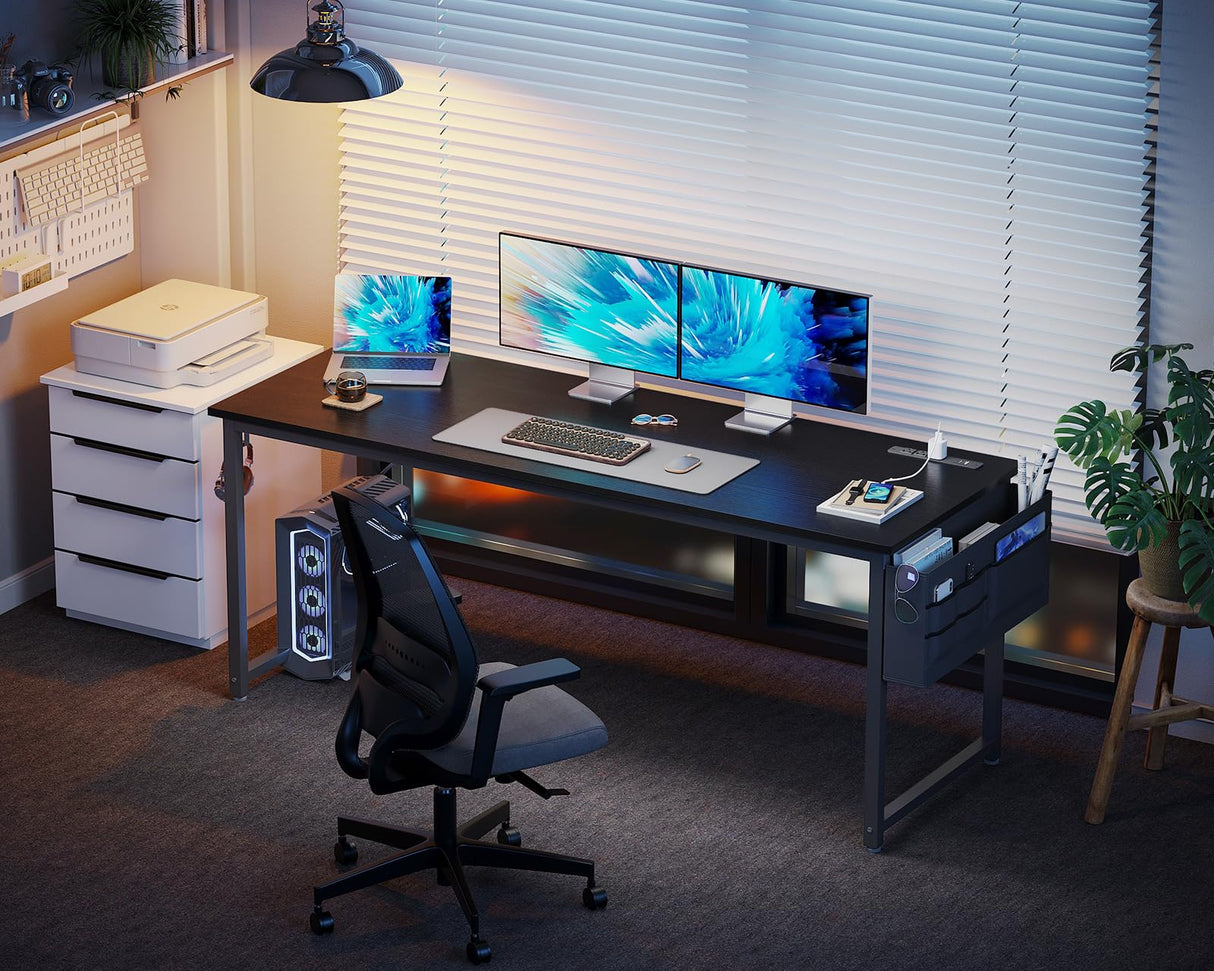 KKL Large Computer Desk with Power Outlets and USB Port Desk for Home Office Gaming Simple Modern Style Writing Desks with Storage Bag Headphone Hook, 63 inch, Black KKL