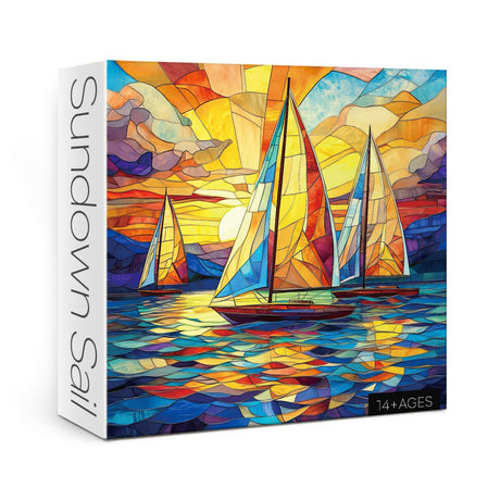 Stained Glass Sailboat Sunset Puzzle for Adults 1000 Pieces, Colorful Landscape Jigsaw Puzzle, Ocean Sea Ship Challenging Puzzle BBOLDIN