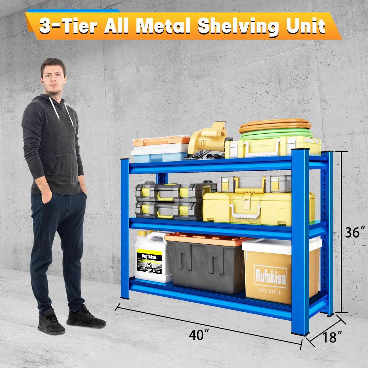 Rufokisa 40" W Garage Shelving Heavy Duty，1500LBS Loads Adjustable Garage Storage Shelves,3-Tier Metal Storage Racks and Shelving Units, Utility Rack Shelves,40”W x 18”D x 36”H,Blue Rufokisa