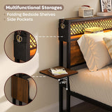 Bestier Walnut Queen Size Bed Frame with Headboard, Folding Bedside Shelves, Charging Station & LED Light Bestier