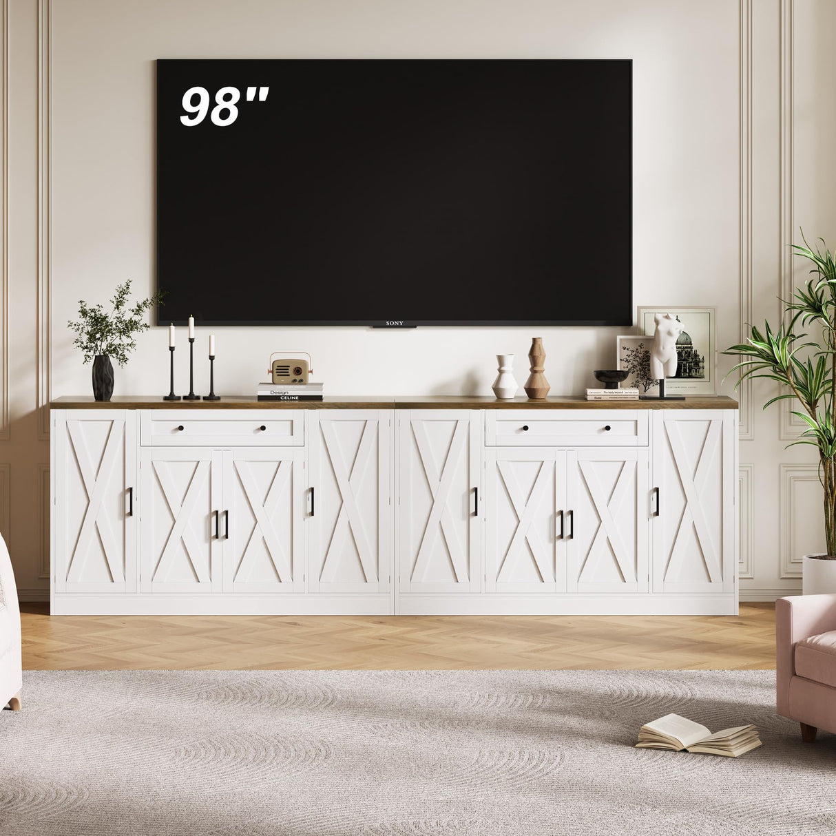 Buffet Cabinet with Storage, 55" Large Sideboard Storage Cabinet with Drawer, 4 Doors and Shelves, Modern Farmhouse Coffee Bar Table Kitchen Island Credenza for Kitchen, Entryway, Dining, Living Room Vividwood