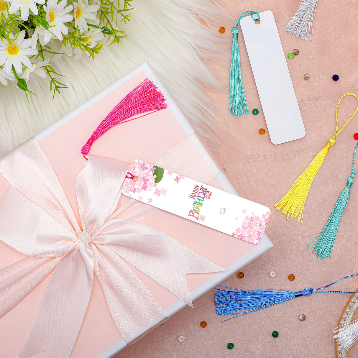 Tenare 50 Pieces Sublimation Blank Bookmark Heat Transfer Metal Aluminum DIY Bookmark with Hole and Colorful Tassels for Crafts, Birthday Wedding, Single-Sided Printing Tenare