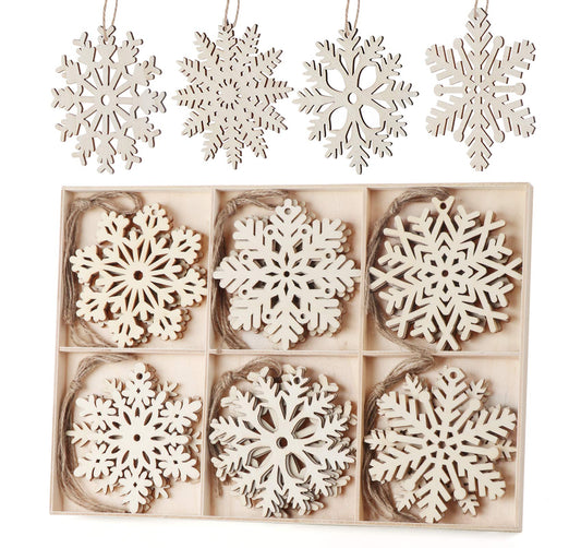 Lemonfilter 30Pcs Wooden Snowflakes Ornaments, Christmas Wood Hanging Decorations 4 Inches Snowflakes Shaped Embellishments Hollowed Christmas Tree Hanging Ornaments with 30pcs Rope