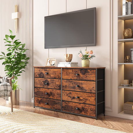Furnulem Long Dresser for Bedroom, TV Stand for 55'' TV, Wide Storage Drawer Unit with 8 Fabric Bins, Double Dresser for Bedroom, Office, Dorm, Closet, Entryway, Wood Top (Rustic Brown) Furnulem