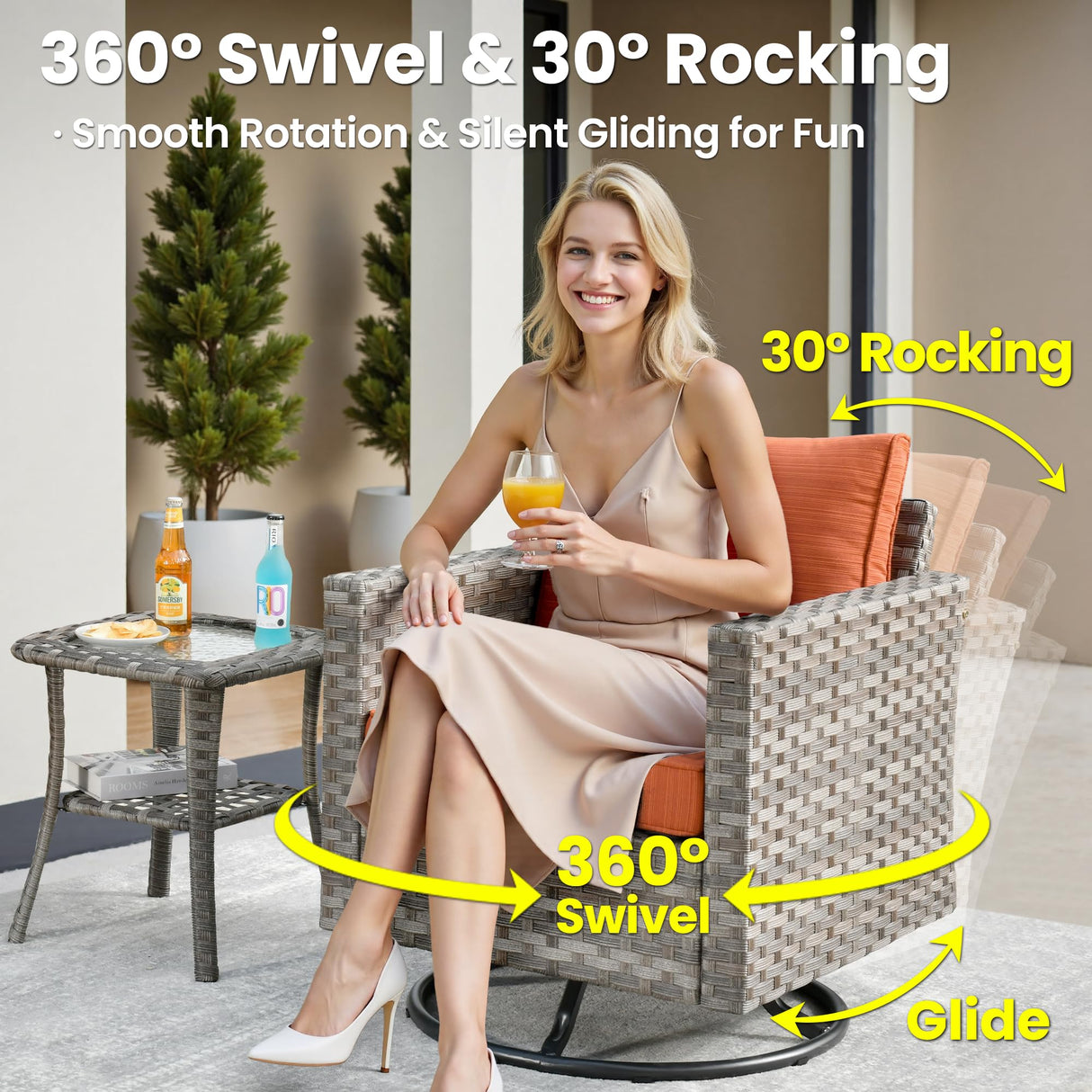 ovios 9 Pieces Patio Furniture Set, Outdoor Wicker Sectional Sofa with 30" Fire Pit Table Swivel Chair, Modern Modular Deep Seat Rattan Couch Conversation Sets, Orange Red ovios