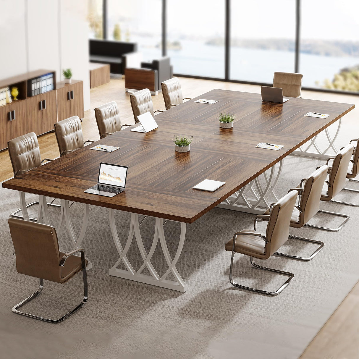 Tribesigns 6 ft Conference Table for 6-8 People, 70.86-Inch Rectangle Conference Table Meeting Seminar Table with Unique Curved Metal Support for Home Office (Retro Brown & White, Without Chair) Tribesigns