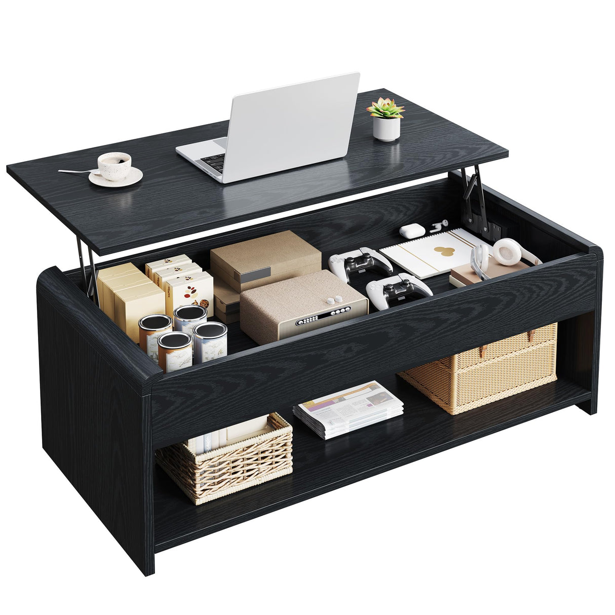 Homiflex Lift Top Coffee Table, 35'' Multi-Function Coffee Table with Hidden Compartment & Open Shelf, Curved Profile Design, Converts to Home Office Table, Dining Table for Living Room, Black Homiflex