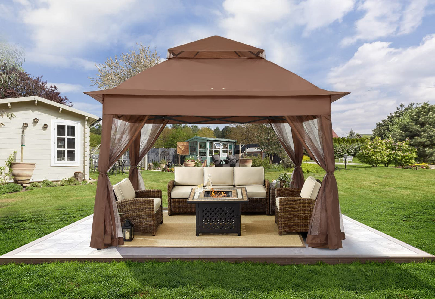 COOSHADE 11x11Ft Easy Pop Up Gazebo Tent Instant Outdoor Canopy Shelter with Mosquito Netting Walls(Brown) - WoodArtSupply