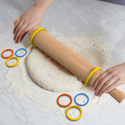 Mepple Classic Wooden Rolling Pin with Handle and Pastry Mat for Fondant, Pizza, Pies, Cookies, Rolling Pin for Baking with 3 Multi-Color Thickness Rings, 17" x 2.5" Natural Beechwood Rolling Pin