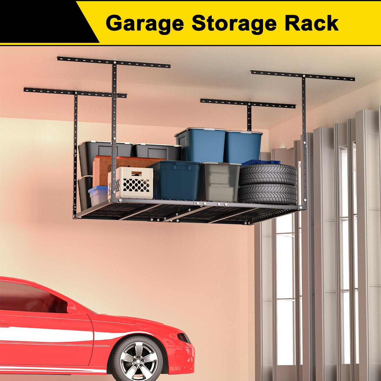 GIOTORENT 3x4FT Overhead Garage Storage Rack, Heavy Duty Metal Garage Ceiling Storage Racks, Adjustable Garage Shelving/Garage Organization/Garage Storage Shelves, 450lbs Weight Capacity, Black GIOTORENT