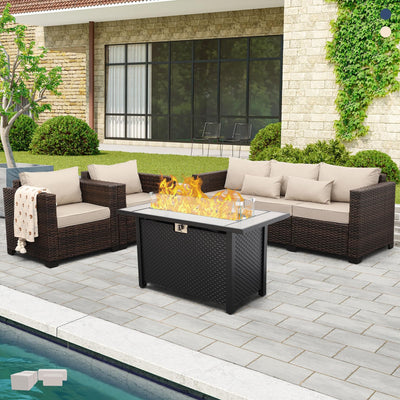4 Pieces Outdoor Patio Furniture Set 43 in Outdoor Fire Pits Wicker Outdoor Furniture Chairs and Sofa 60000 BTU Outdoor Propane Fire Pit Table Non-Slip Cushions and Waterproof Covers, Khaki