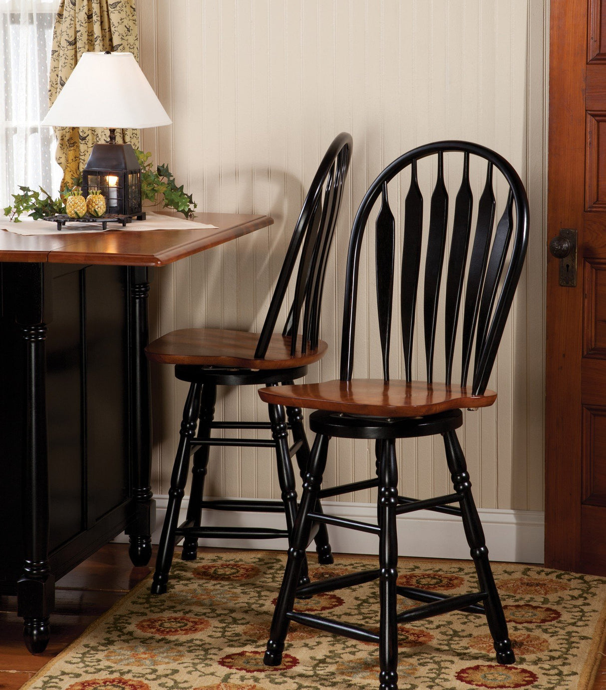 Sunset Trading Selections 24" Counter Height Swivel Barstool | Farmhouse Country Cottage Windsor Arrowback Café Stool | Antique Black & Cherry Solid Wood | Dining Room Kitchen Home Bar Furniture Sunset Trading