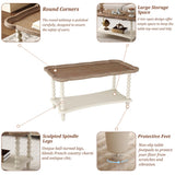 Function Home Farmhouse Coffee Table, Rustic White French Country Center Table with Storage Shelf, Wood Coffee Tables for Living Room Dining Room, Natural Tray Top and Vintage White Spindle Legs Function Home