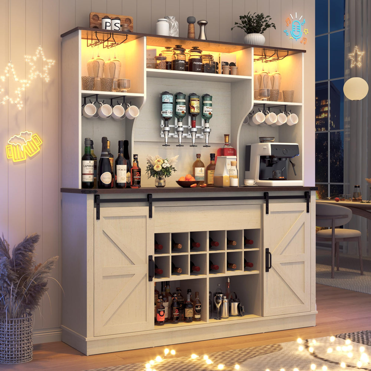 Farmhouse Coffee Bar Cabinet with LED Light, Charging Station & Sliding Barn Doors - 63"W x 71"H Large Wine Rack, Built-in Liquor Dispenser, Glass/Mug Holders for Kitchen, Living Room, Hallway chartustriable