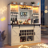 Farmhouse Coffee Bar Cabinet with LED Light, Charging Station & Sliding Barn Doors - 63"W x 71"H Large Wine Rack, Built-in Liquor Dispenser, Glass/Mug Holders for Kitchen, Living Room, Hallway chartustriable
