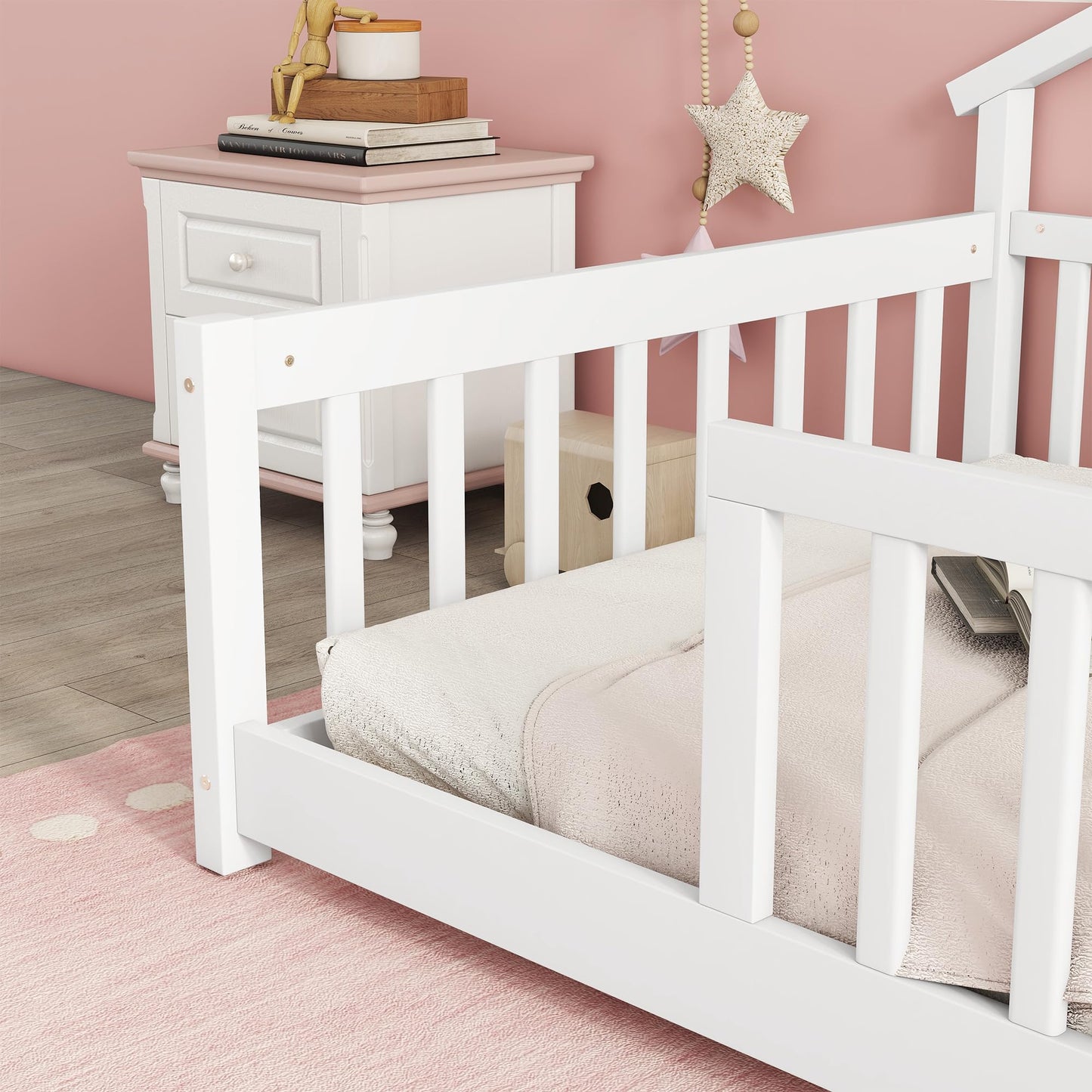 Mirightone Twin Size Floor Bed with House-Shaped Roof and Fence Guardrails - Solid Wood Montessori Design in White