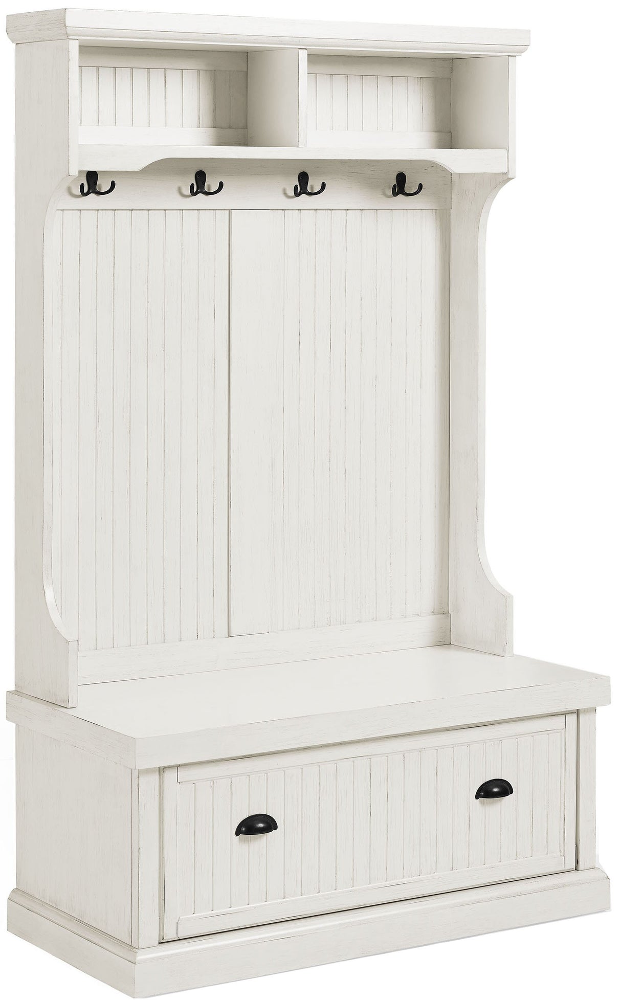 Crosley Furniture Seaside Hall Tree with Shoe Rack Bench and Coat Hooks for Hanging Storage, Distressed White Crosley Furniture