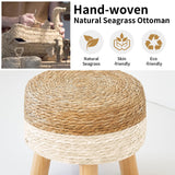 ALeesing Round Ottoman, Natural Seagrass Footstool with 4 Wood Legs, Multifunctional Modern Dressing Stool and Sofa Side Table for Bedroom (White) ALeesing