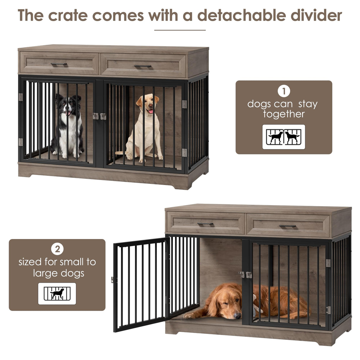 Dog Crate Furniture 47" Wooden Dog Kennels for Dogs Indoor with a Removable Divider for Large/Medium/Small Dogs, 2 Storage Drawers and Large Tabletop Dog Cages Double Doors Dog House, Rustic TTVIEW