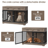 Dog Crate Furniture 47" Wooden Dog Kennels for Dogs Indoor with a Removable Divider for Large/Medium/Small Dogs, 2 Storage Drawers and Large Tabletop Dog Cages Double Doors Dog House, Rustic TTVIEW