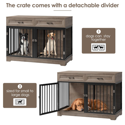 Dog Crate Furniture 47" Wooden Dog Kennels for Dogs Indoor with a Removable Divider for Large/Medium/Small Dogs, 2 Storage Drawers and Large Tabletop Dog Cages Double Doors Dog House, Rustic - WoodArtSupply