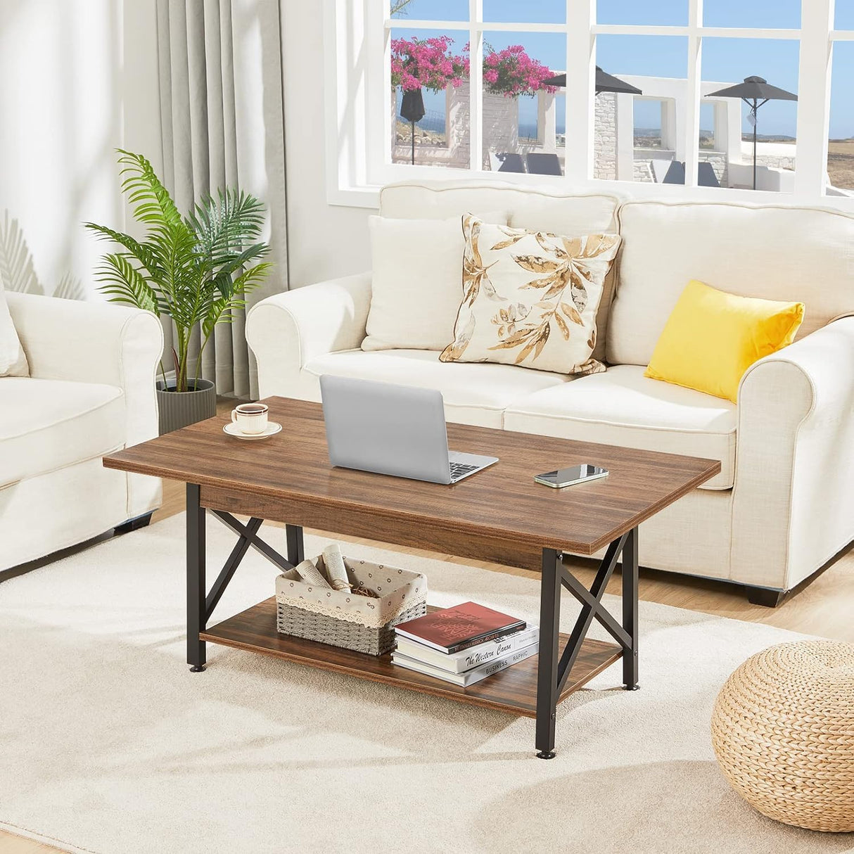 GreenForest Coffee Table with Storage, 39inch Modern Coffee Tables for Living Room, X-Frame Design Farmhouse Coffee Table Space Saving Living Room Tables, Easy Assembly, Walnut GreenForest