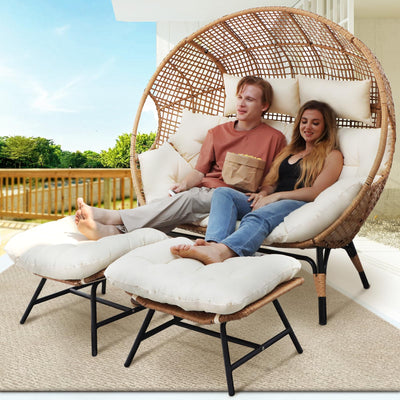 BULEXYARD Double Egg Chair with Ottoman Indoor Outdoor 680lbs, 2 Person Brown Wicker Oversized Stationary Egg Chair with Beige Thick Cushion, Patio Wide Lounge Loveseat with Legs for Balcony, Porch