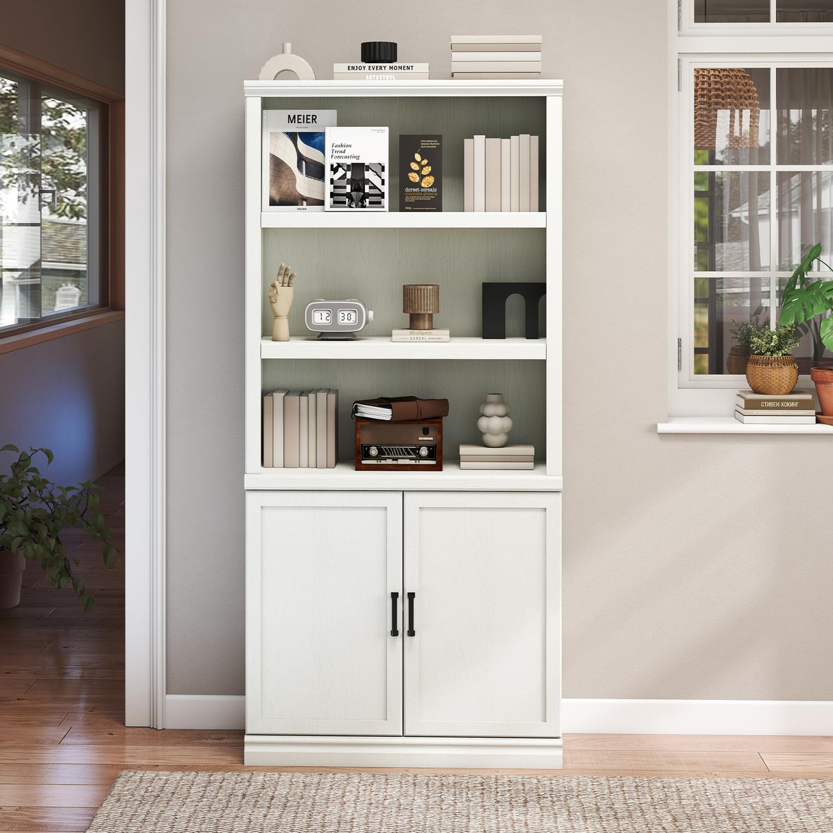 70 Inch Tall Bookcase with Doors, Library Office Bookshelf with Adjustable Shelves, Floor Standing Storage Cabinet for Bedroom Living Room Organizer with Anti Tipping Kit, Soft White Finish Bevfint